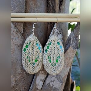 Teardrop Knit Earrings Baked Milk Color Hand Dyed Yarn Blue Cotton